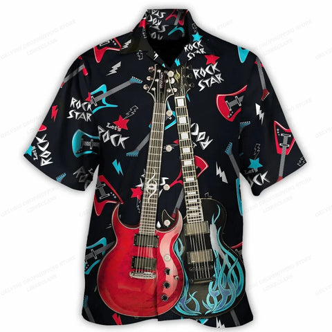 Camisa Hawaii Style Aloha Havaiana Rock n Roll Guitar Music