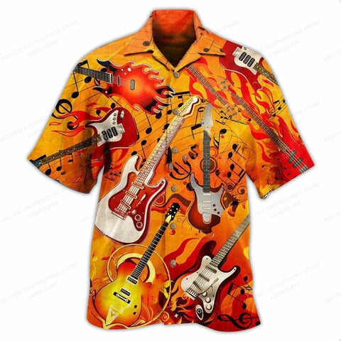 Camisa Hawaii Style Aloha Havaiana Rock n Roll Guitar Music