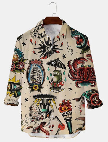 Camisa Manga Comprida Hawaii Style Aloha Havaiana Pirates Wolf