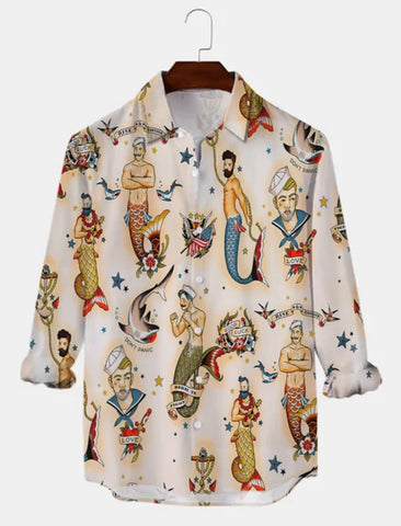 Camisa Manga Comprida Hawaii Style Aloha Havaiana Vintage Tattos Saylor Man Sea Marine