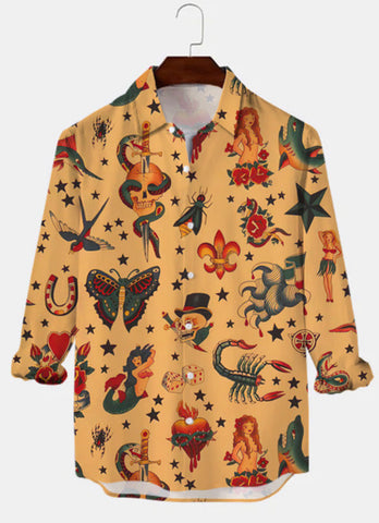 Camisa Manga Comprida Hawaii Style Aloha Havaiana Vintage Tattos