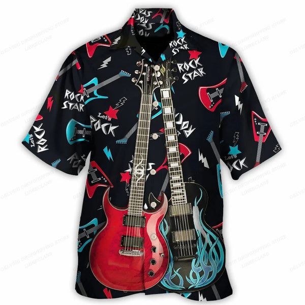 Camisa Hawaii Style Aloha Havaiana Rock n Roll Guitar Music