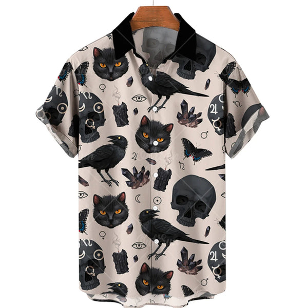 Camisa Hawaii Style Aloha Havaiana Black Cat Skulls Gato Preto Caveira