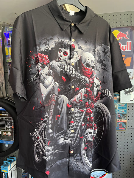 Camisa Hawaii Style Aloha Havaiana Motorcycle Skull