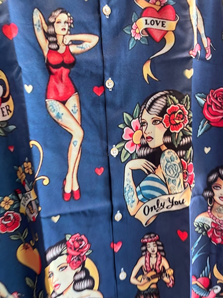 Camisa Old Tattos Blue Hawaii Style